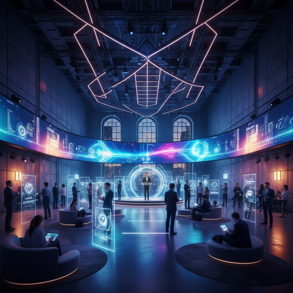 Conference stage with cosmic backdrop showing speaker presenting to wellness audience