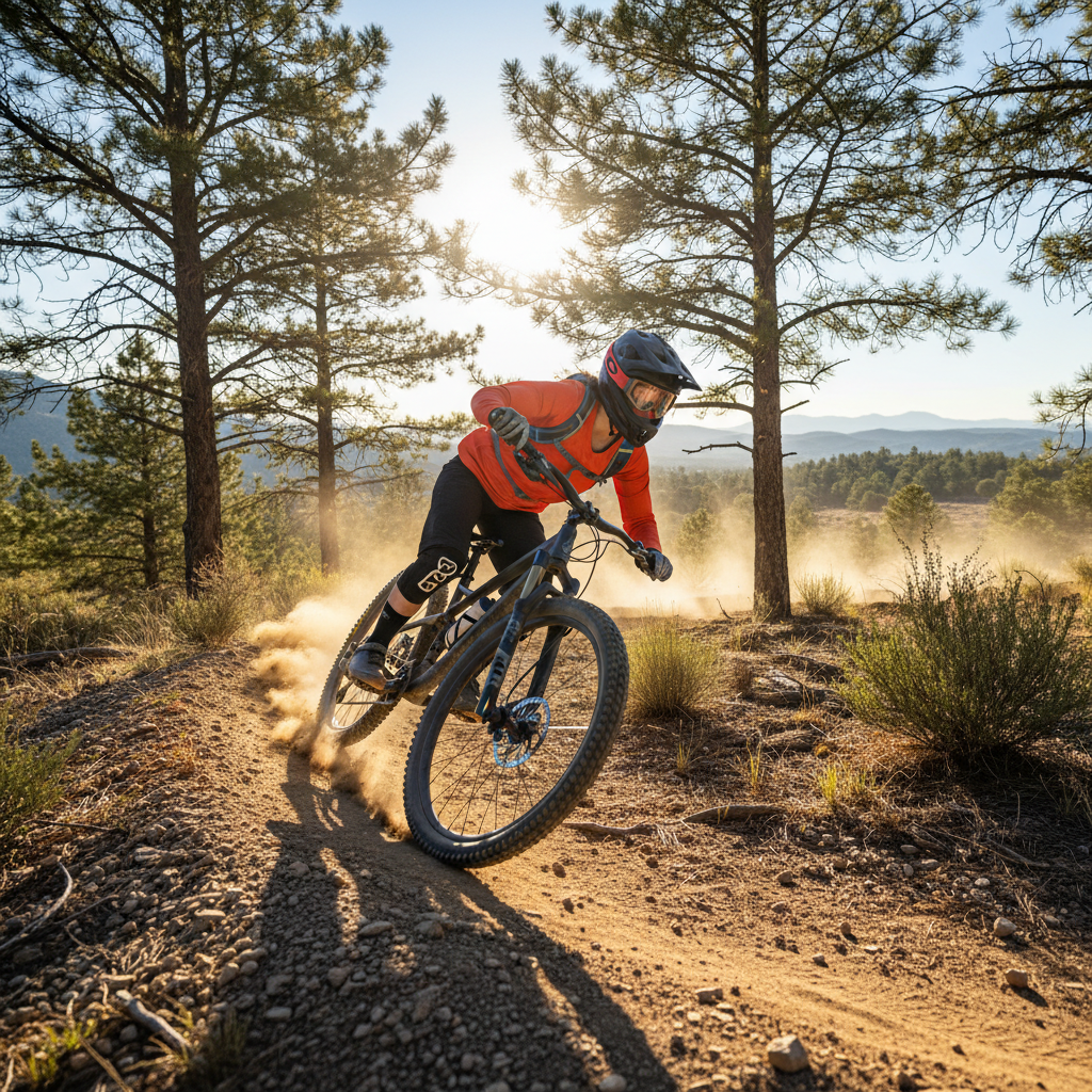 Young female mountain biker cornering hard on dusty singletrack trail