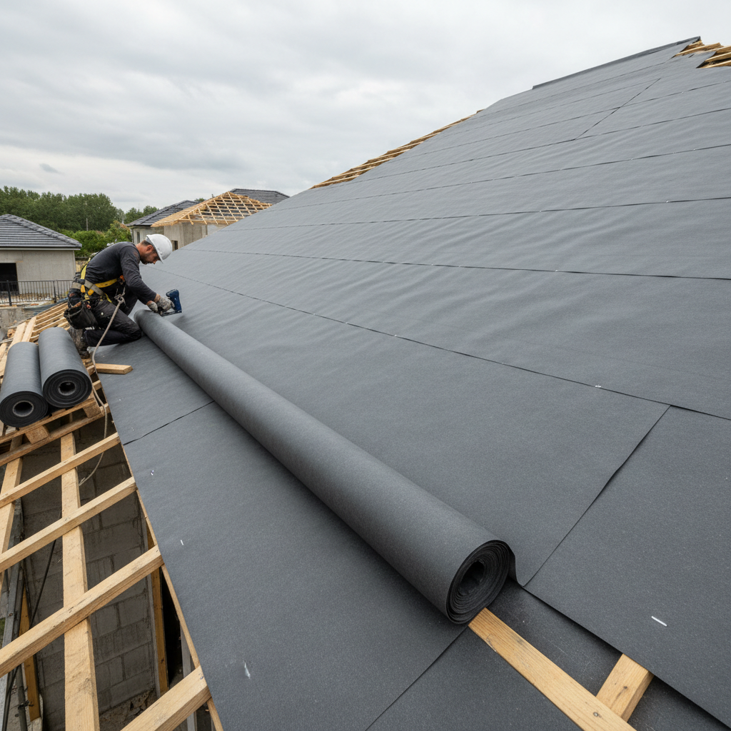 Roofing crew working on roof replacement, installing underlayment, professional team, sunny day