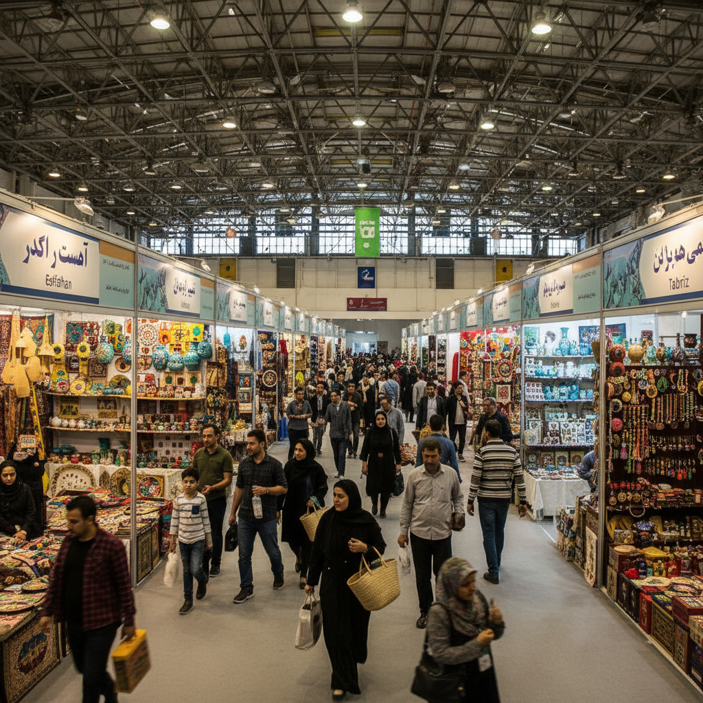Massive exhibition center with hundreds of handicraft booths representing different Iranian provinces