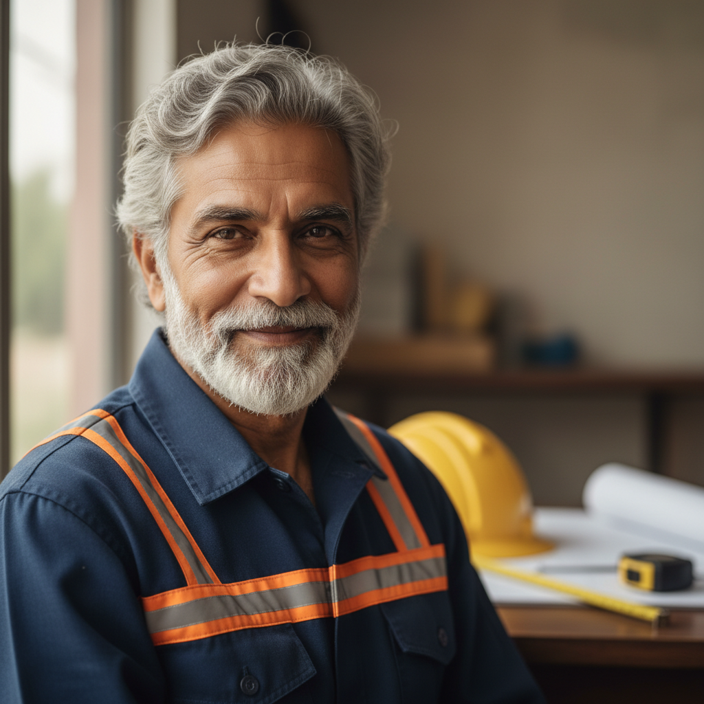 Professional Indian male contractor in construction site, experienced builder portrait