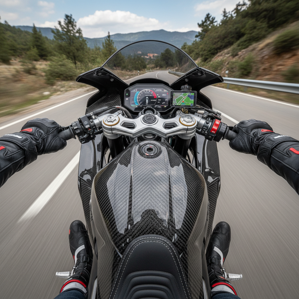 Motorcycle cockpit and rider ergonomics, carbon fiber fairing interior showing handlebar and footpeg positions