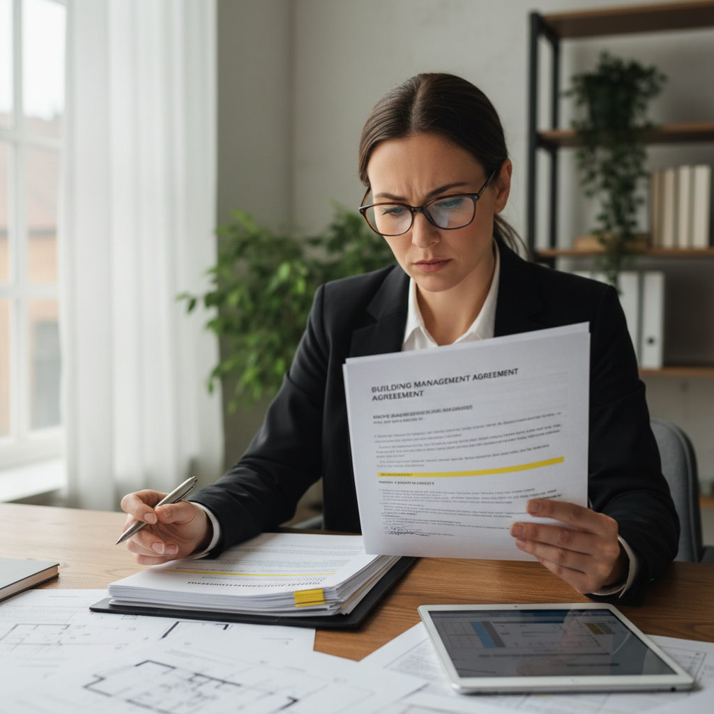 Professional coordinator reviewing building management documents and move approval paperwork