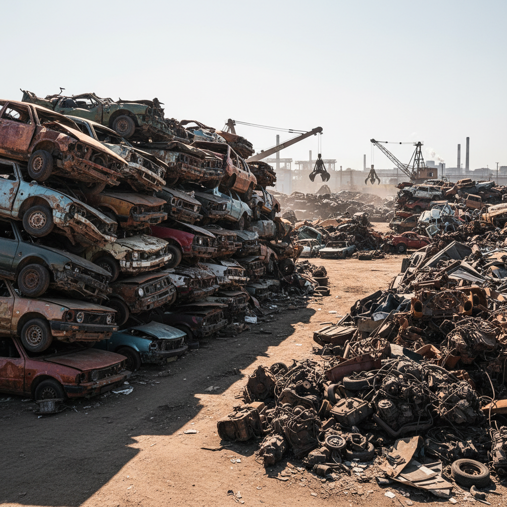 Junk car bodies and automotive scrap metal crushed at a salvage yard