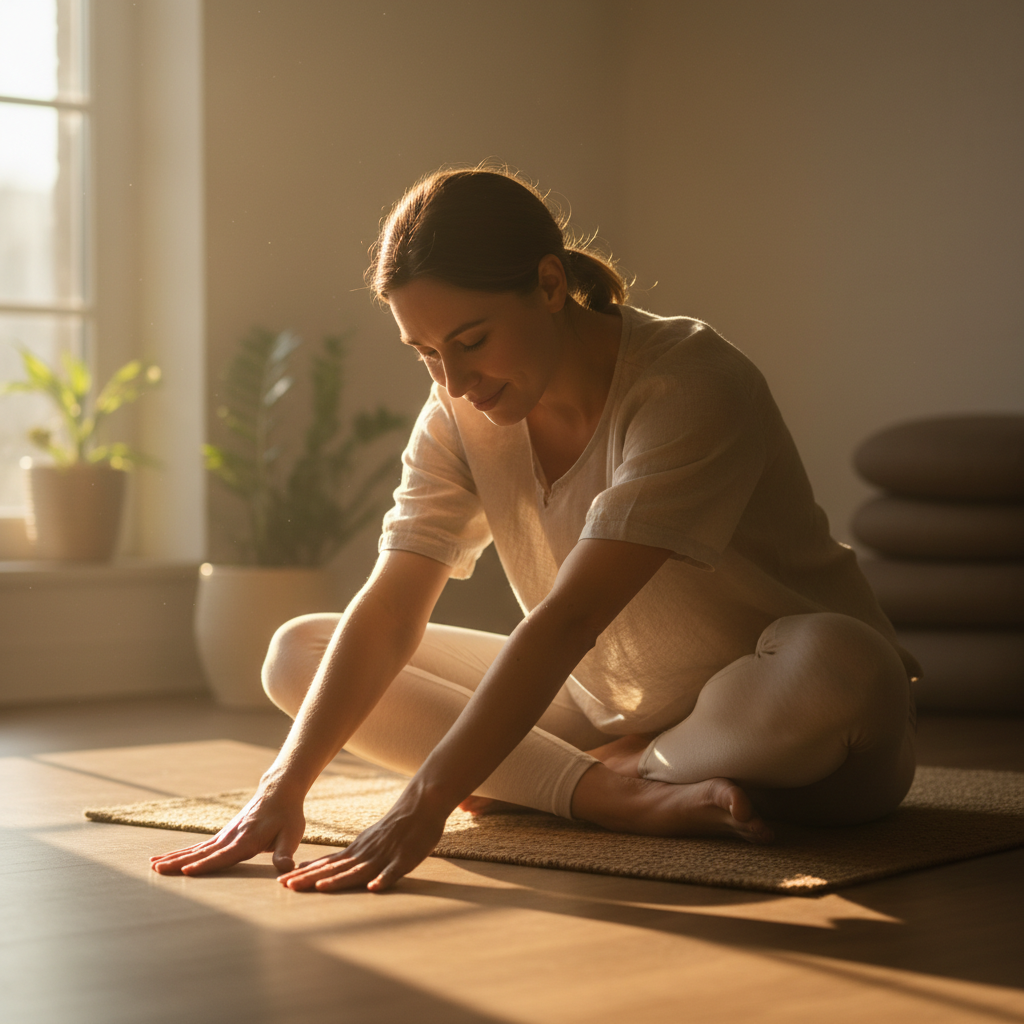Person meditating in soft golden light, eyes closed, peaceful expression, warm amber tones, serene wellness atmosphere