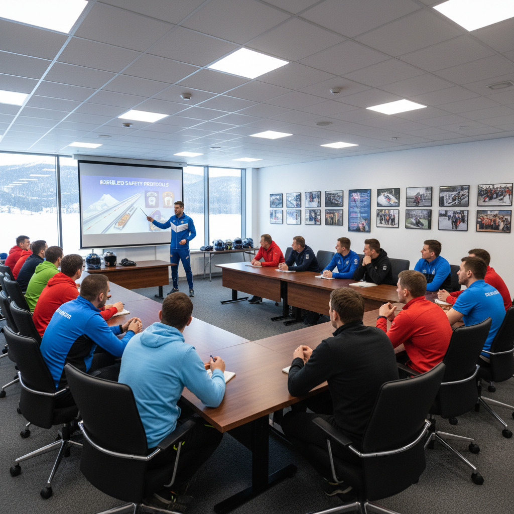 Group of people in a briefing room listening to safety instructions before a bobsled run