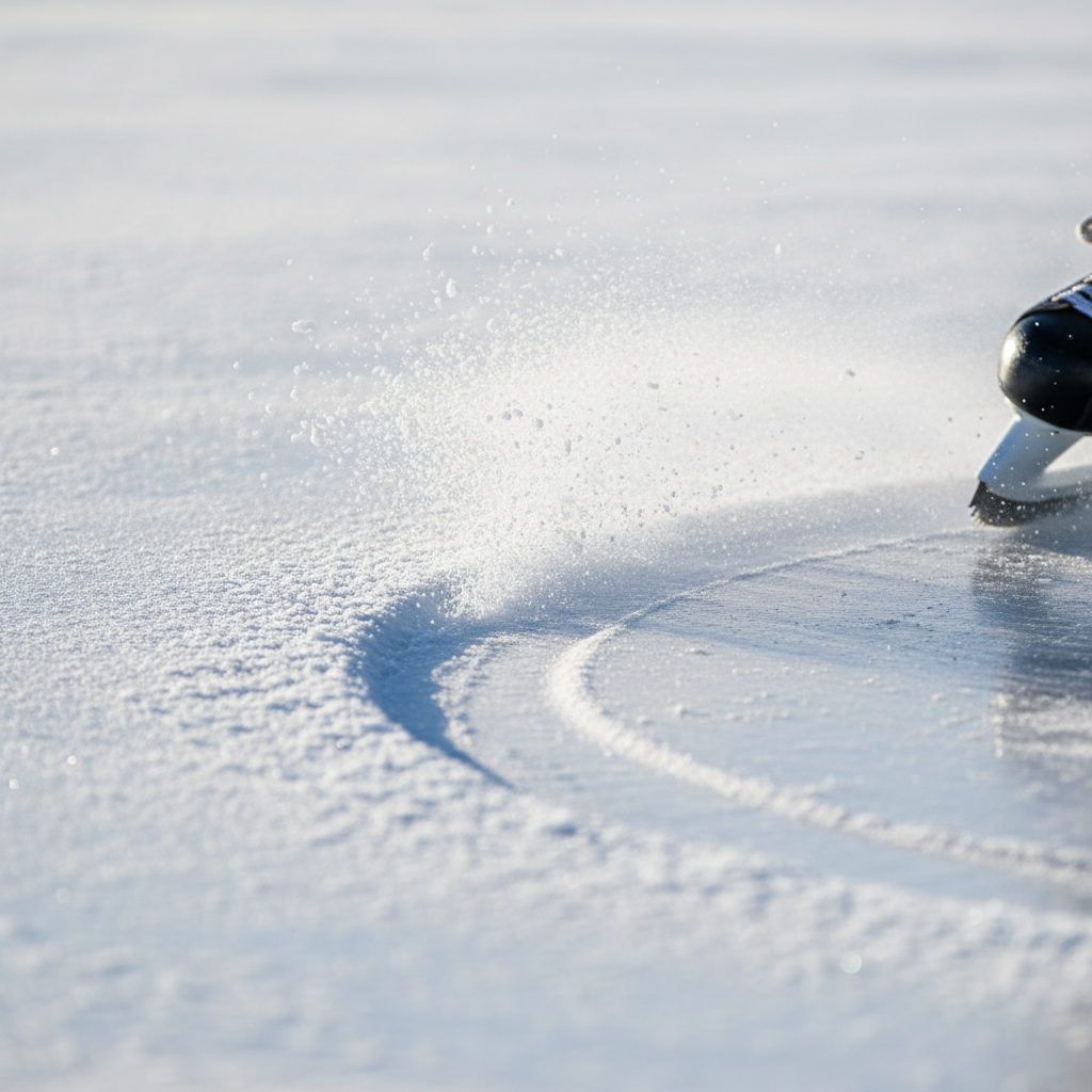 Close-up of ice skate blade carving a deep edge into fresh white ice, ice spray flying