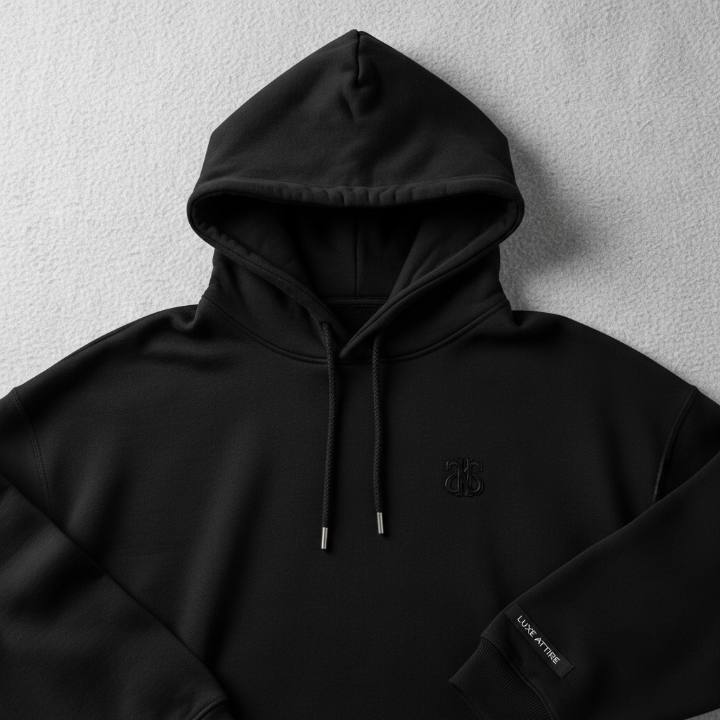 Black luxury hoodie on dark background, premium Egyptian garment manufacturing