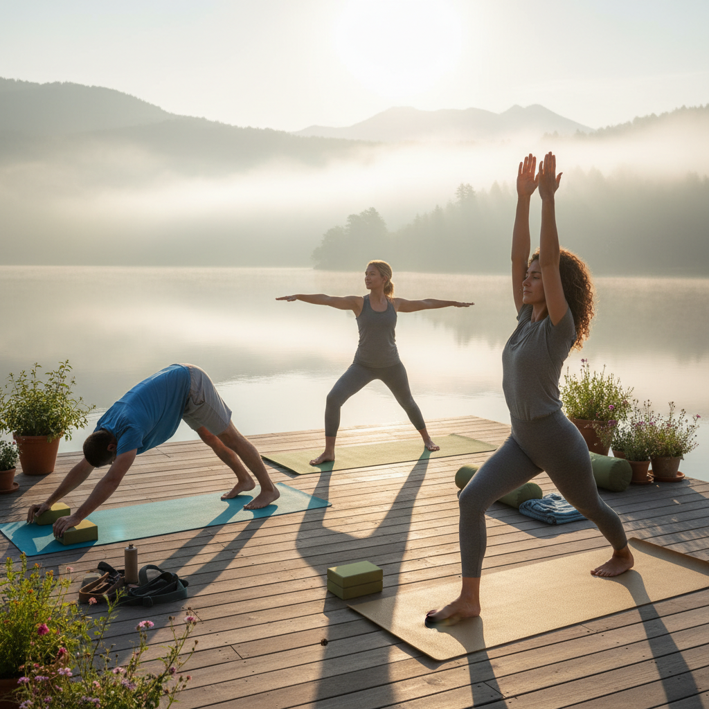 Woman doing yoga at sunrise on lakeside dock, serene calm water reflection, misty morning light, peaceful meditation
