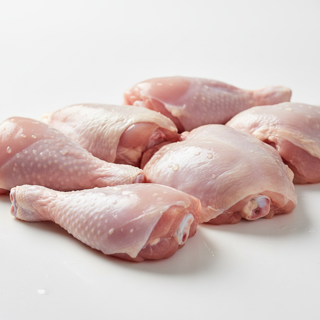 Fresh curry cut chicken pieces arranged neatly on a white background