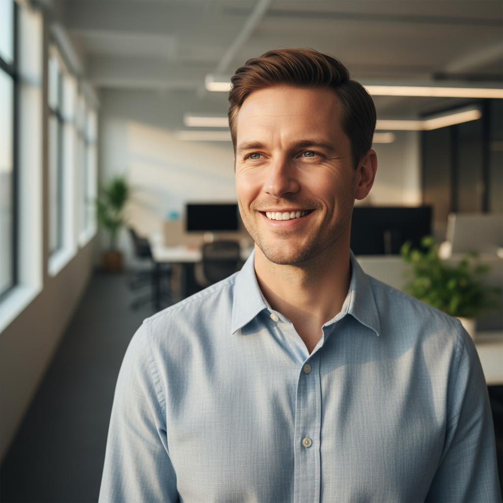 Handsome man with short brown hair and warm smile wearing casual button-down shirt in outdoor setting with natural background