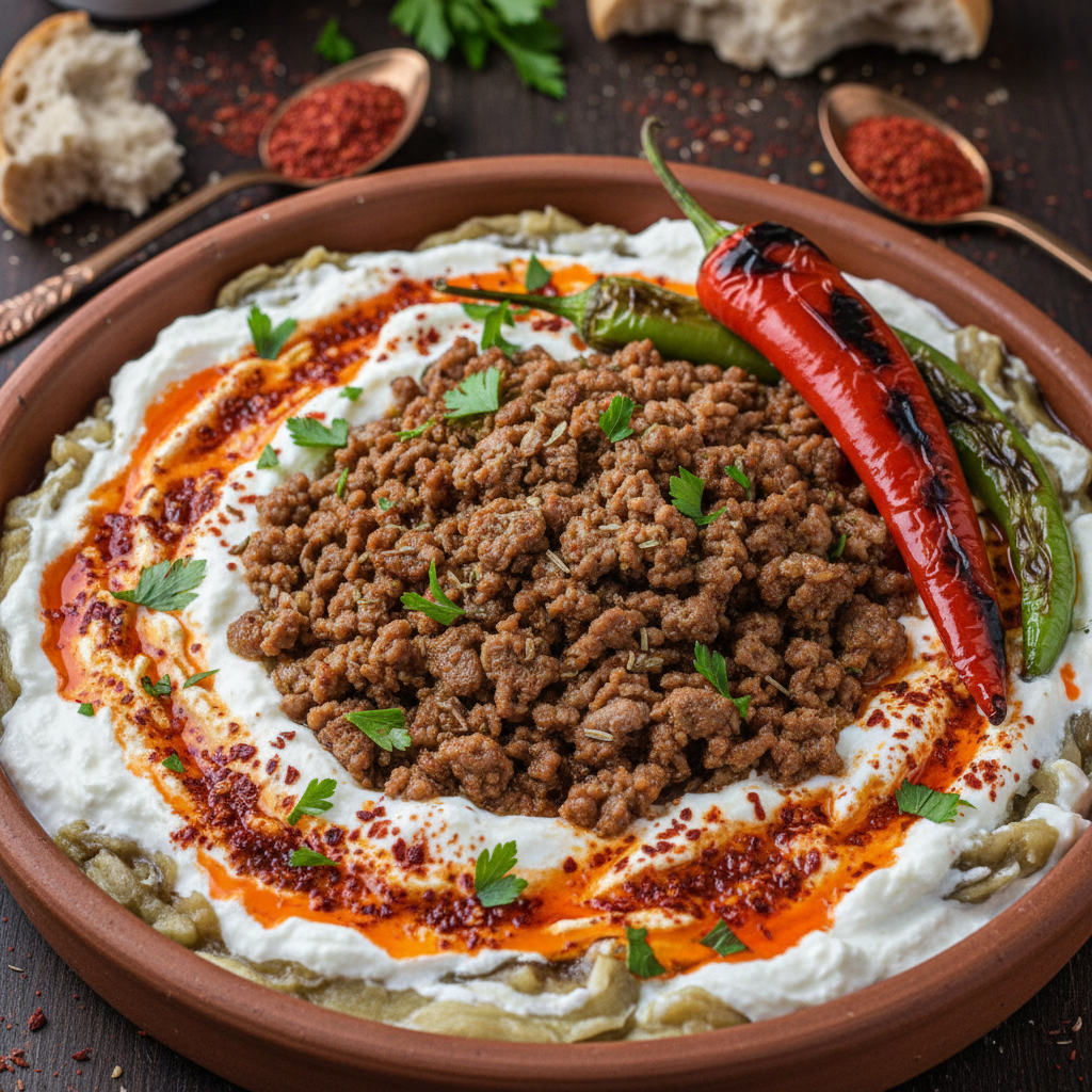 Ali Nazik kebabı, közlenmiş patlıcan yoğurt üzerinde kuzu kıyması, kırmızı biber yağıyla