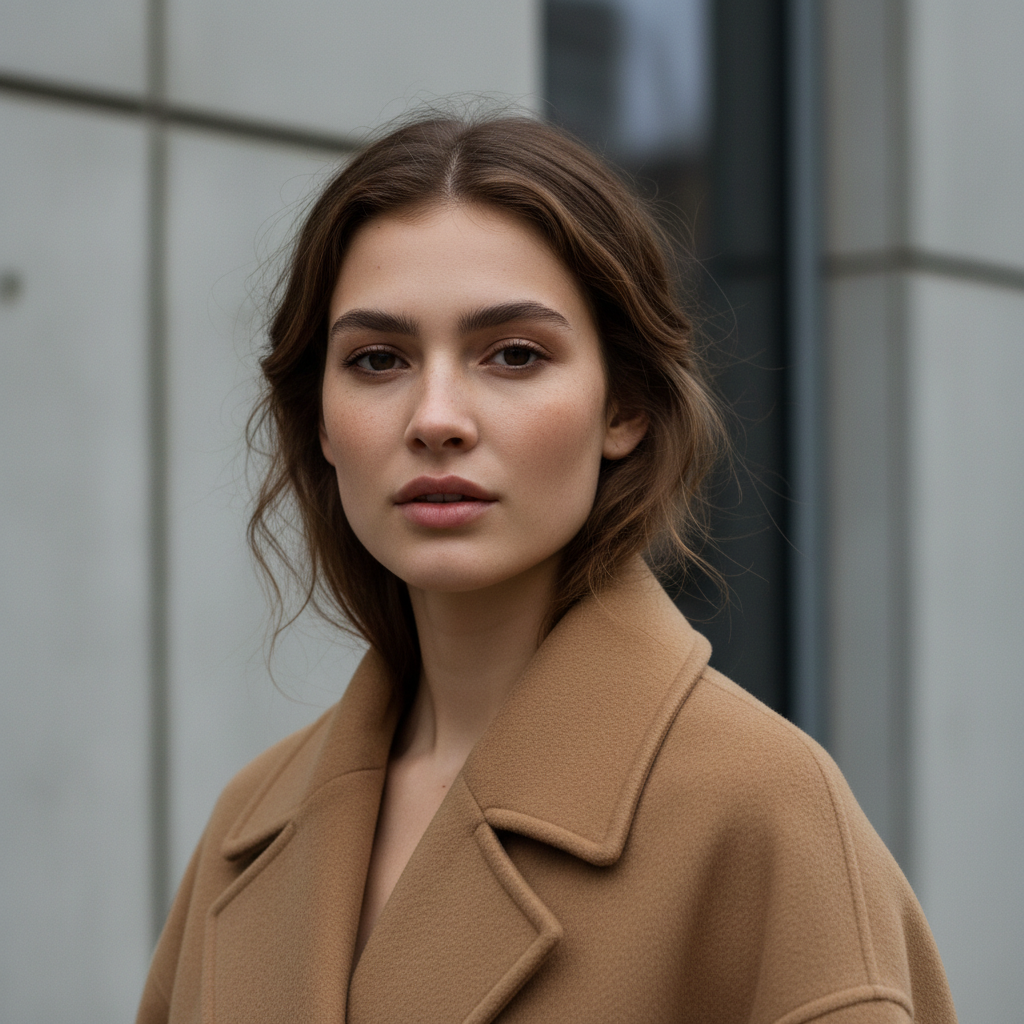 Oversculpted trench coat front view, camel tone structured silhouette, clean editorial studio, architectural tailoring detail