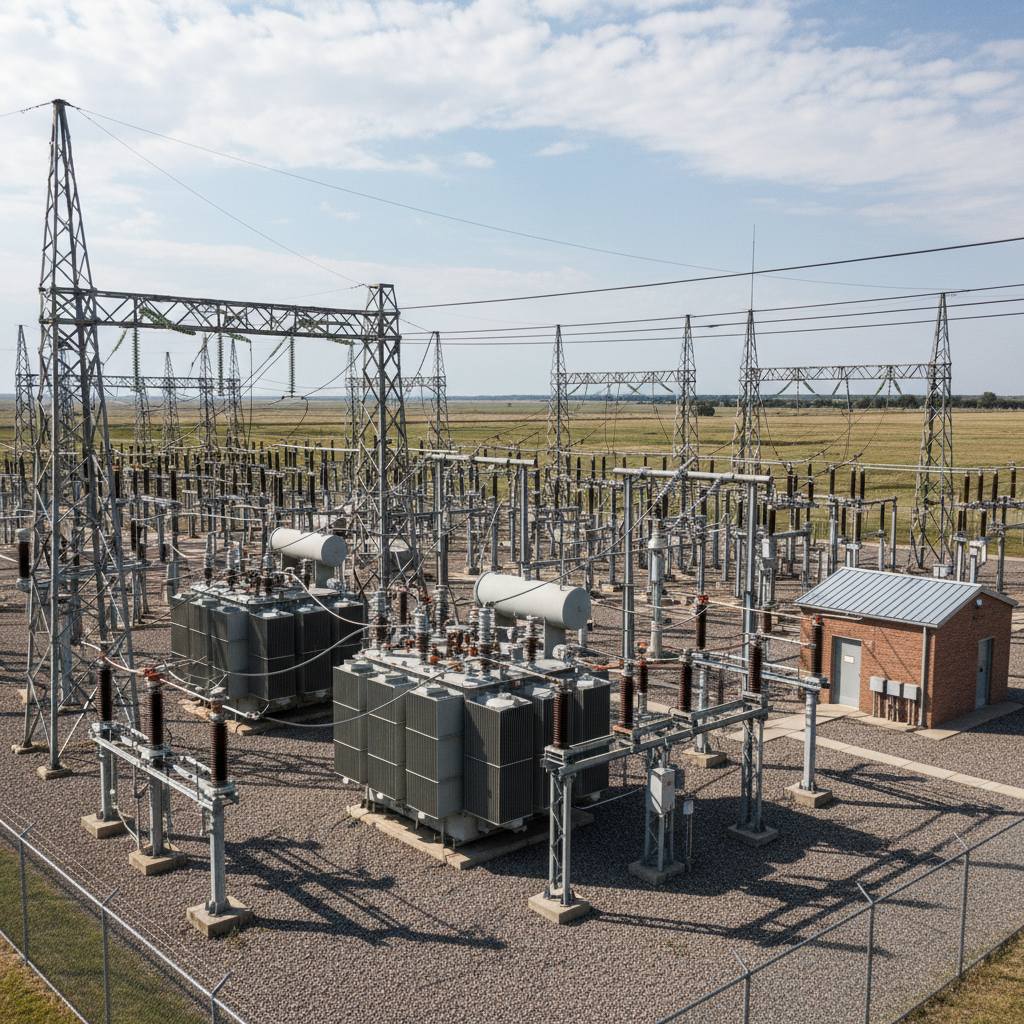Large electrical power transformer installation, industrial power infrastructure, dramatic low-key lighting