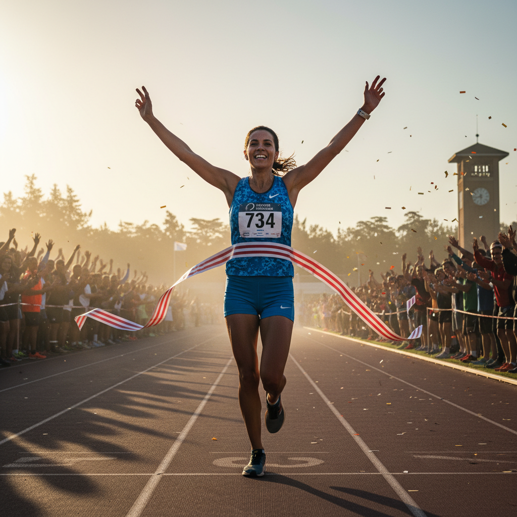 Runner crossing finish line at dawn with arms raised, race number visible on jersey