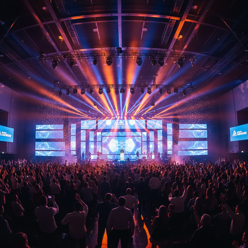 Large music and corporate festival with dramatic stage lighting, dark venue, energetic crowd