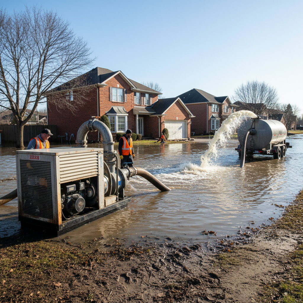 Water extraction equipment in flooded home interior, industrial fans drying water-damaged floor
