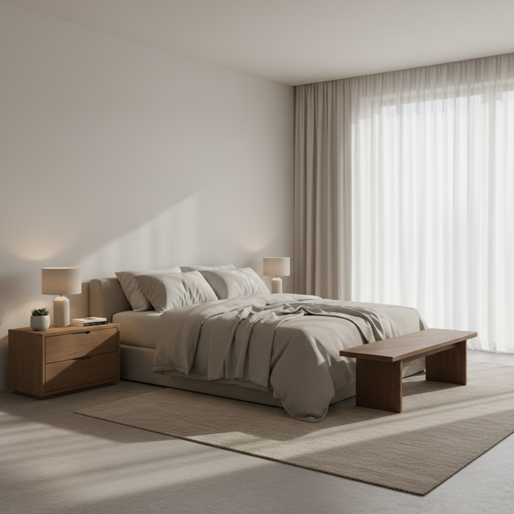 Minimalist white ceramic table lamp with linen shade on a marble nightstand in a serene bedroom with neutral tones