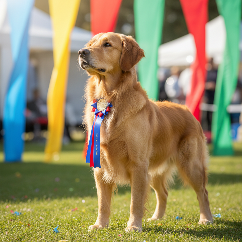 Well-groomed golden retriever standing proudly at a dog show with ribbons visible in background
