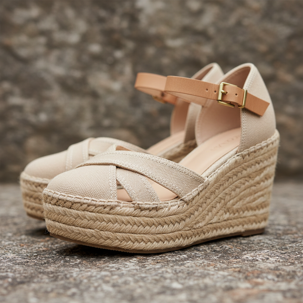 Beige canvas espadrille wedges with jute platform on stone surface