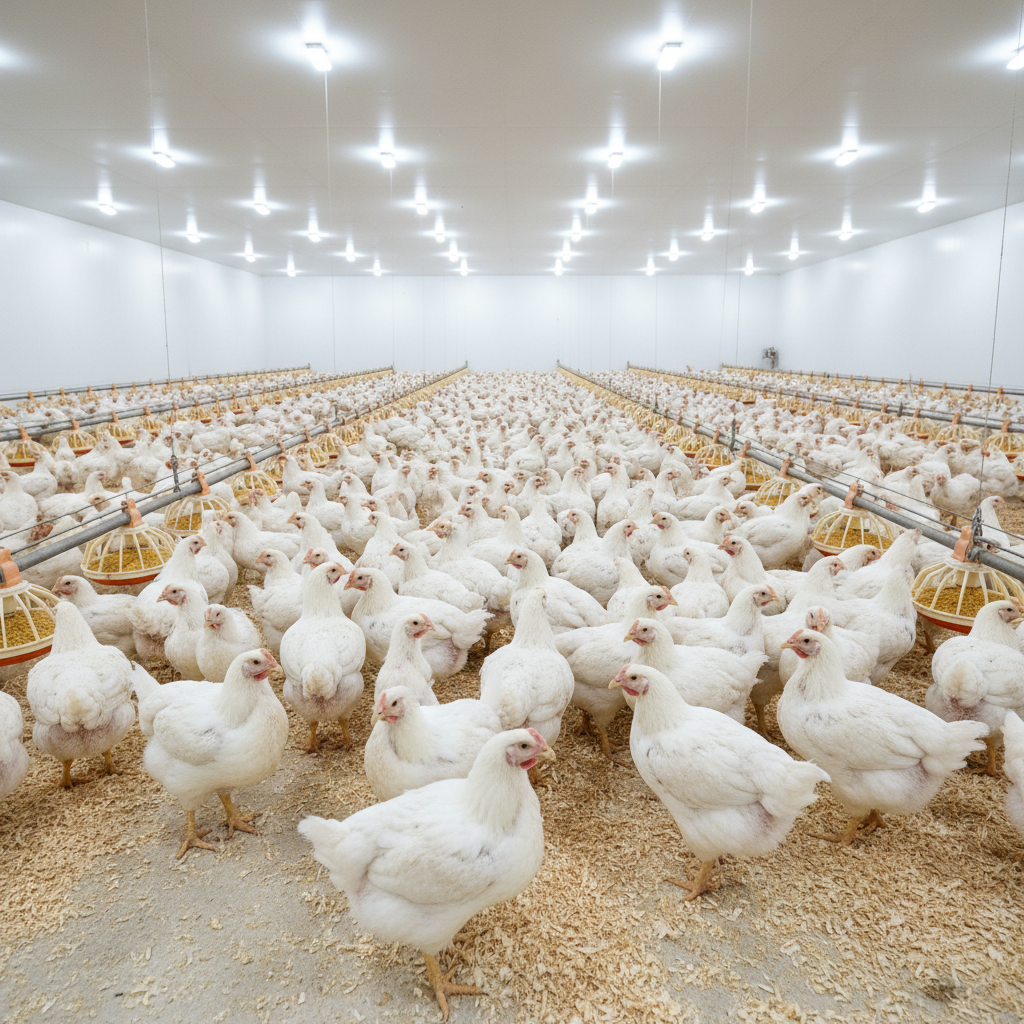Healthy white broiler chickens in clean poultry housing with bright natural lighting