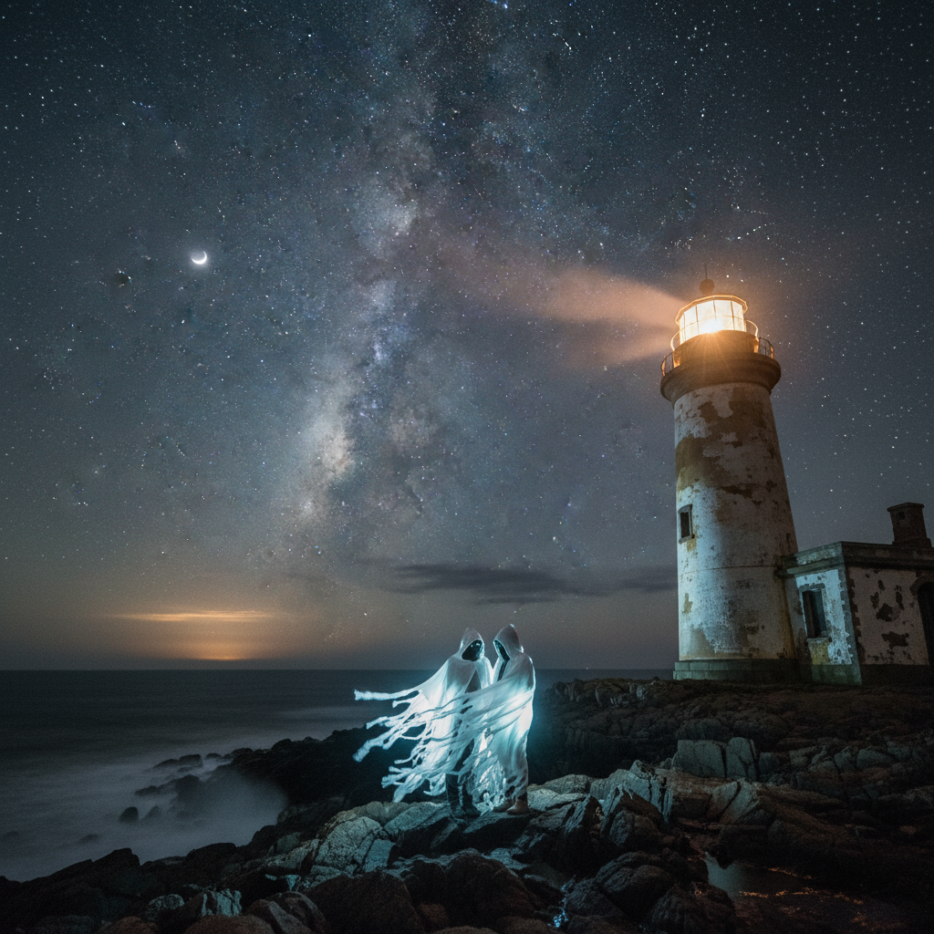Guest couple in ghost costumes at lighthouse at night