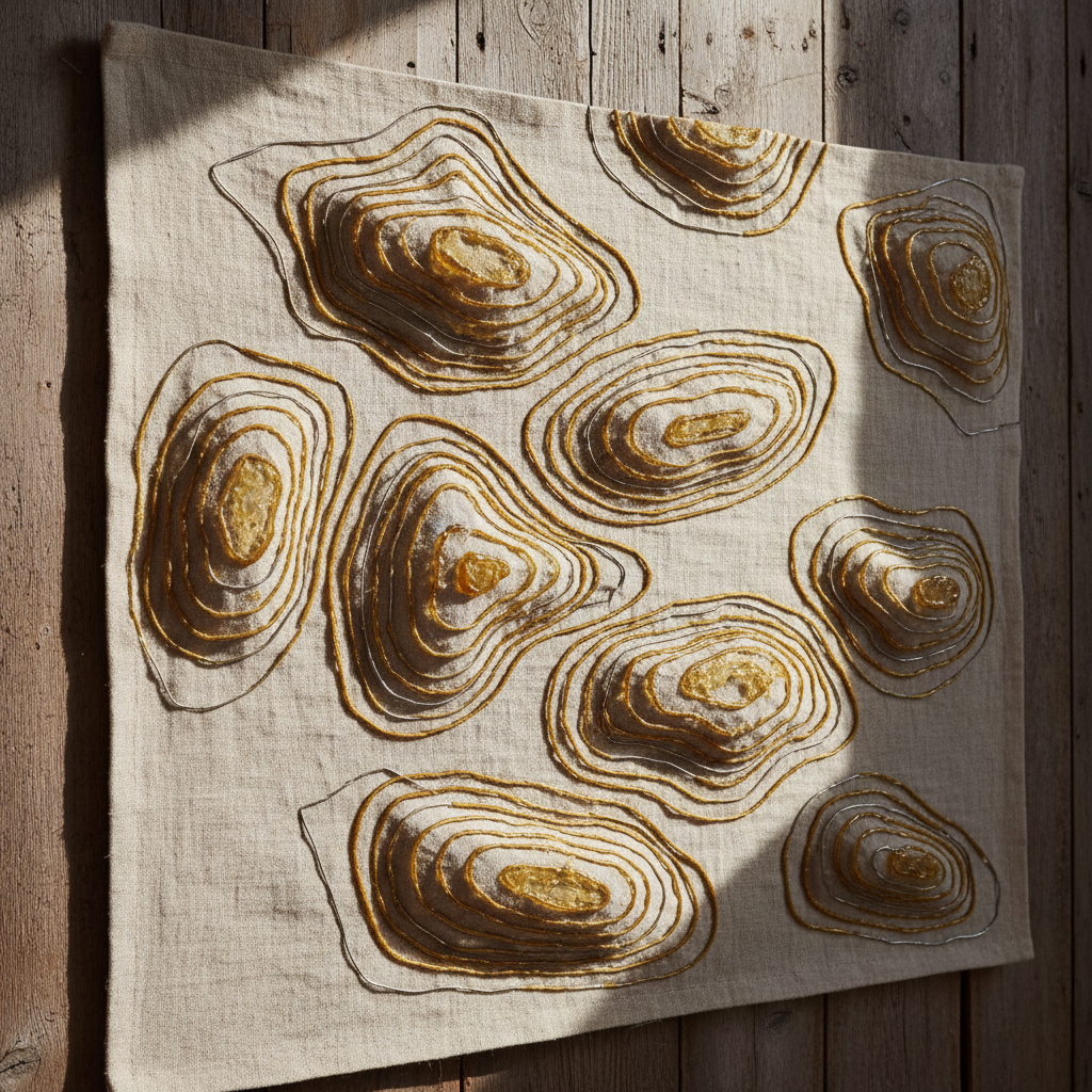 Large hand-stitched linen relief panel showing raised topographic contour lines created with beeswax-stiffened thread and steel wire armature, photographed under raking light
