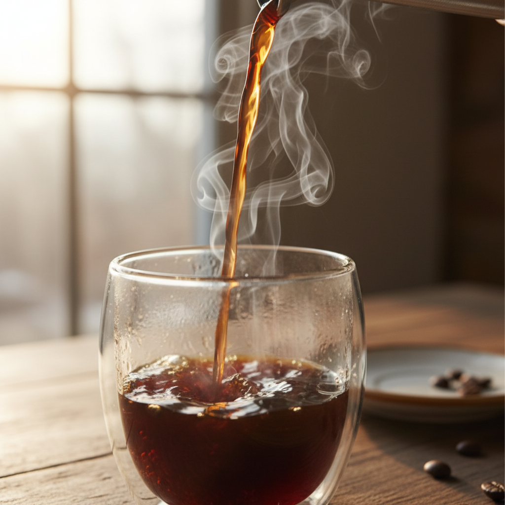 Coffee poured in slow motion with steam catching window light
