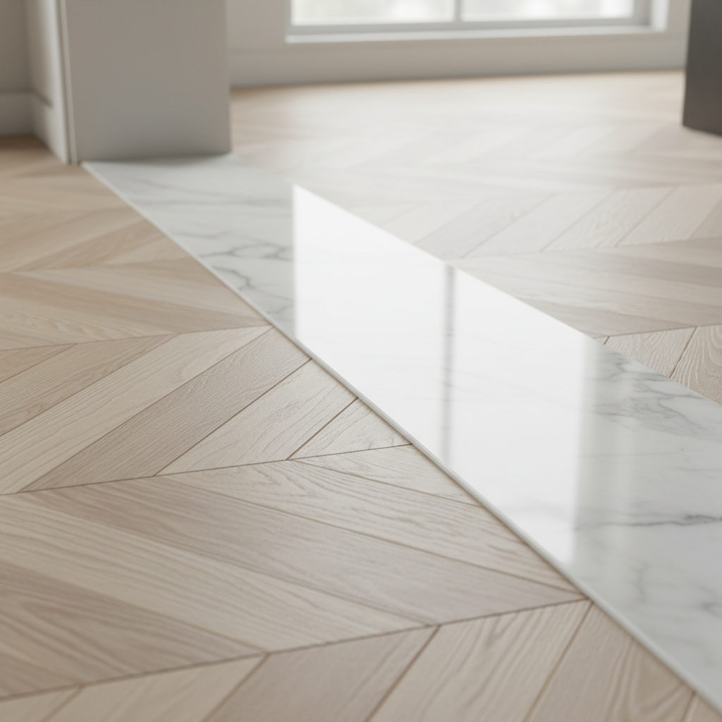White oak herringbone flooring meeting marble threshold detail