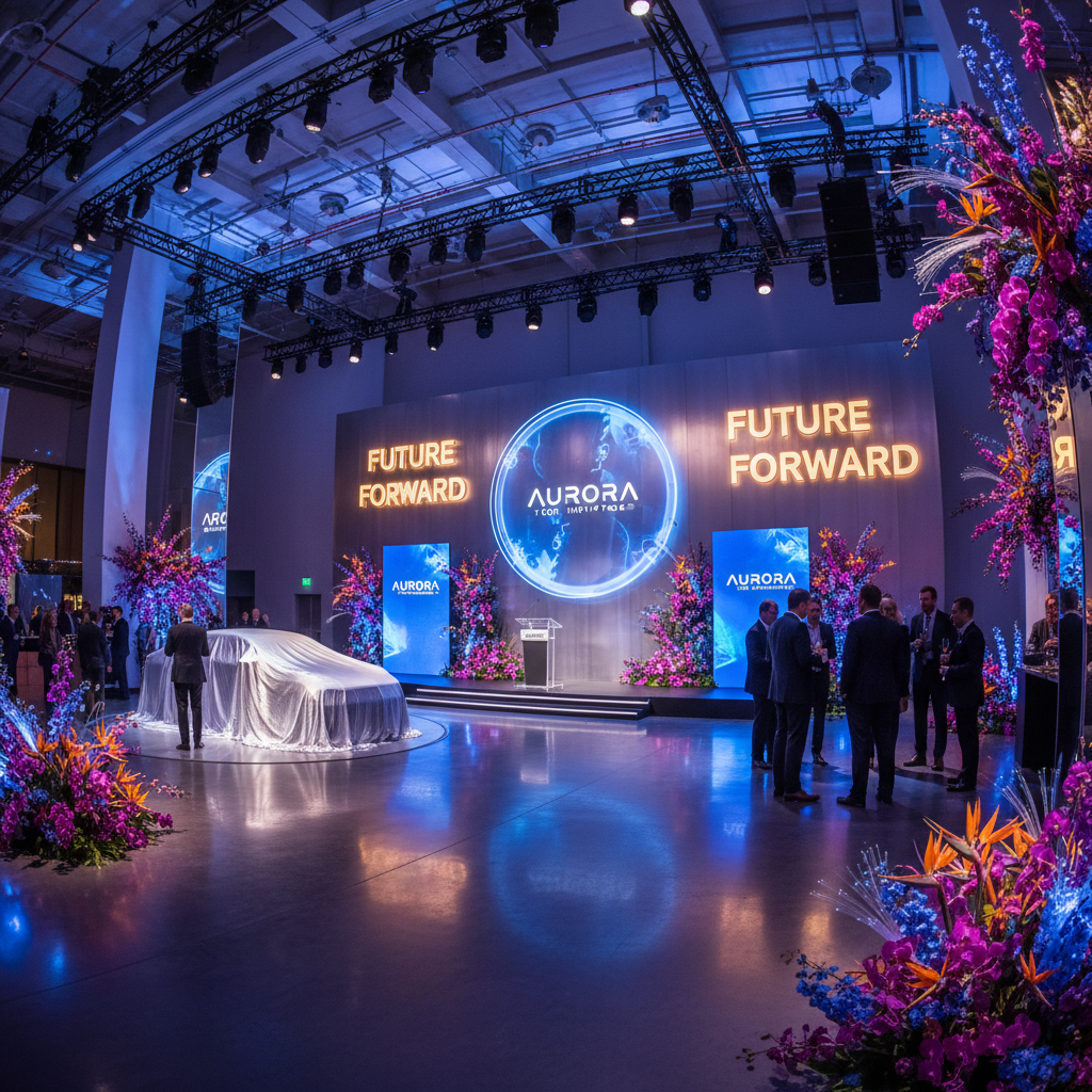 Modern corporate product launch event space with custom brand signage, dramatic lighting, and immersive floral installation