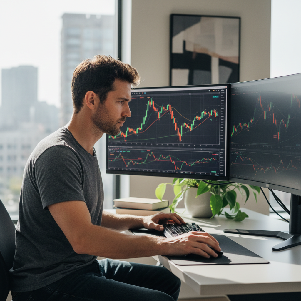 Marcus T., swing trader in his 30s with short dark hair