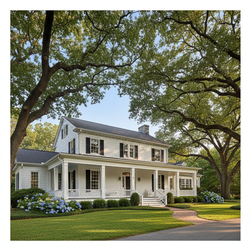 Large white colonial-style house with black shutters and mature oak trees