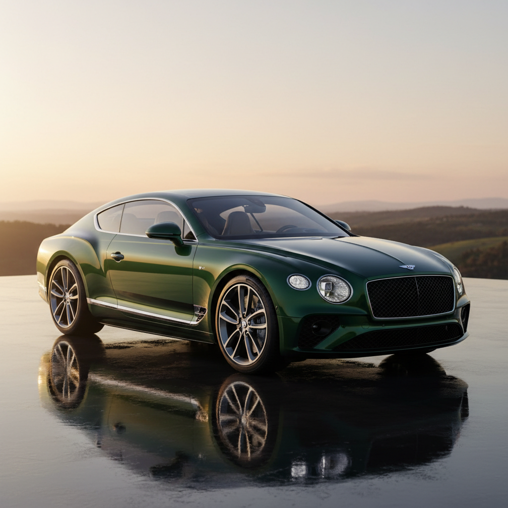 Bentley Continental GT in Midnight Emerald dark green, moody overcast sky, dark road, dramatic wide-angle perspective