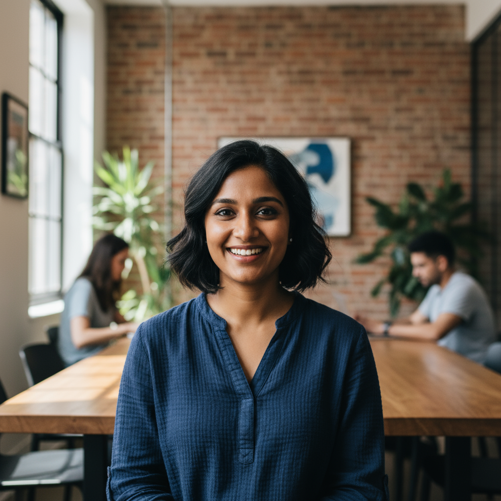 Portrait of Priya Sundaram, Indian-American remote worker smiling in bright natural light