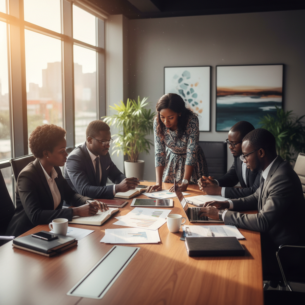 African business professional in modern office building, dark professional environment, evening city lights