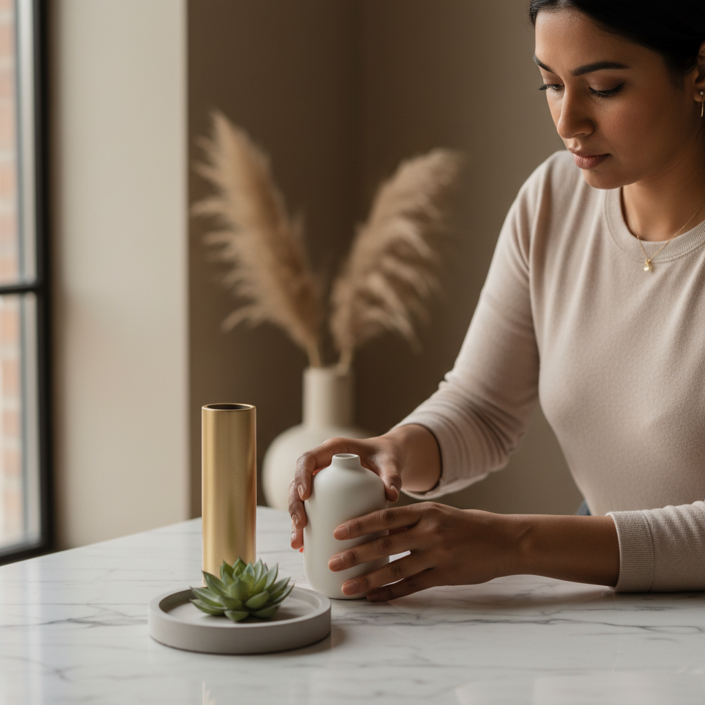 South Asian woman arranging minimalist decor items on a marble surface with deliberate precision