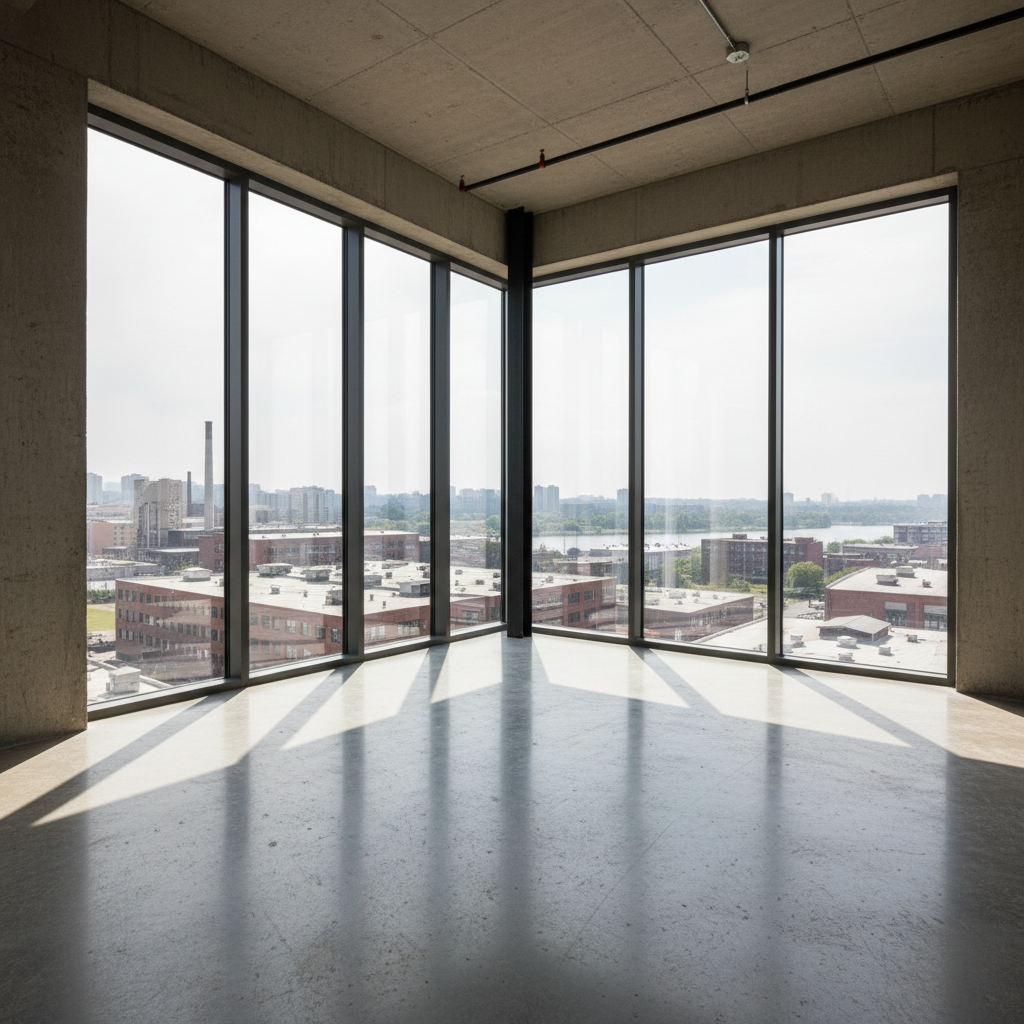 Empty industrial corner office with concrete floors and floor-to-ceiling windows