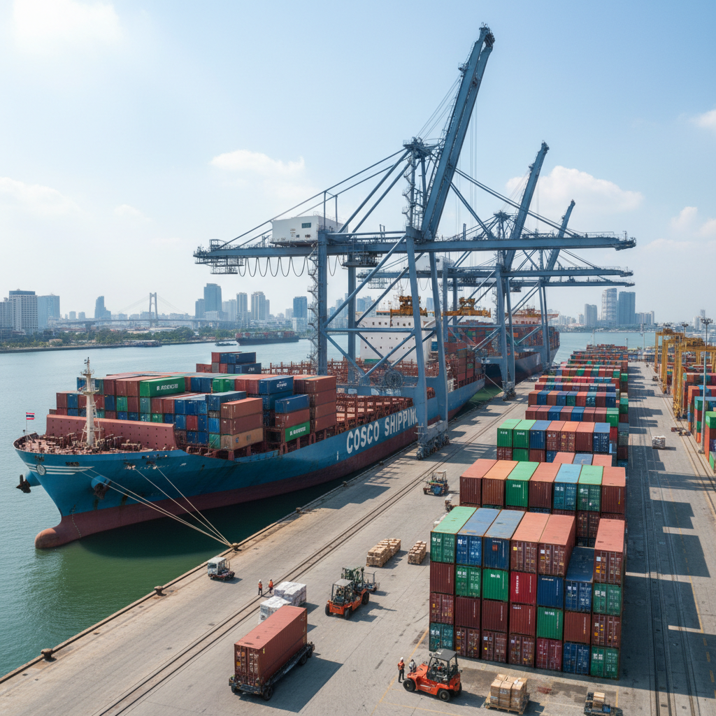 Import export operations at a port with shipping containers for food goods