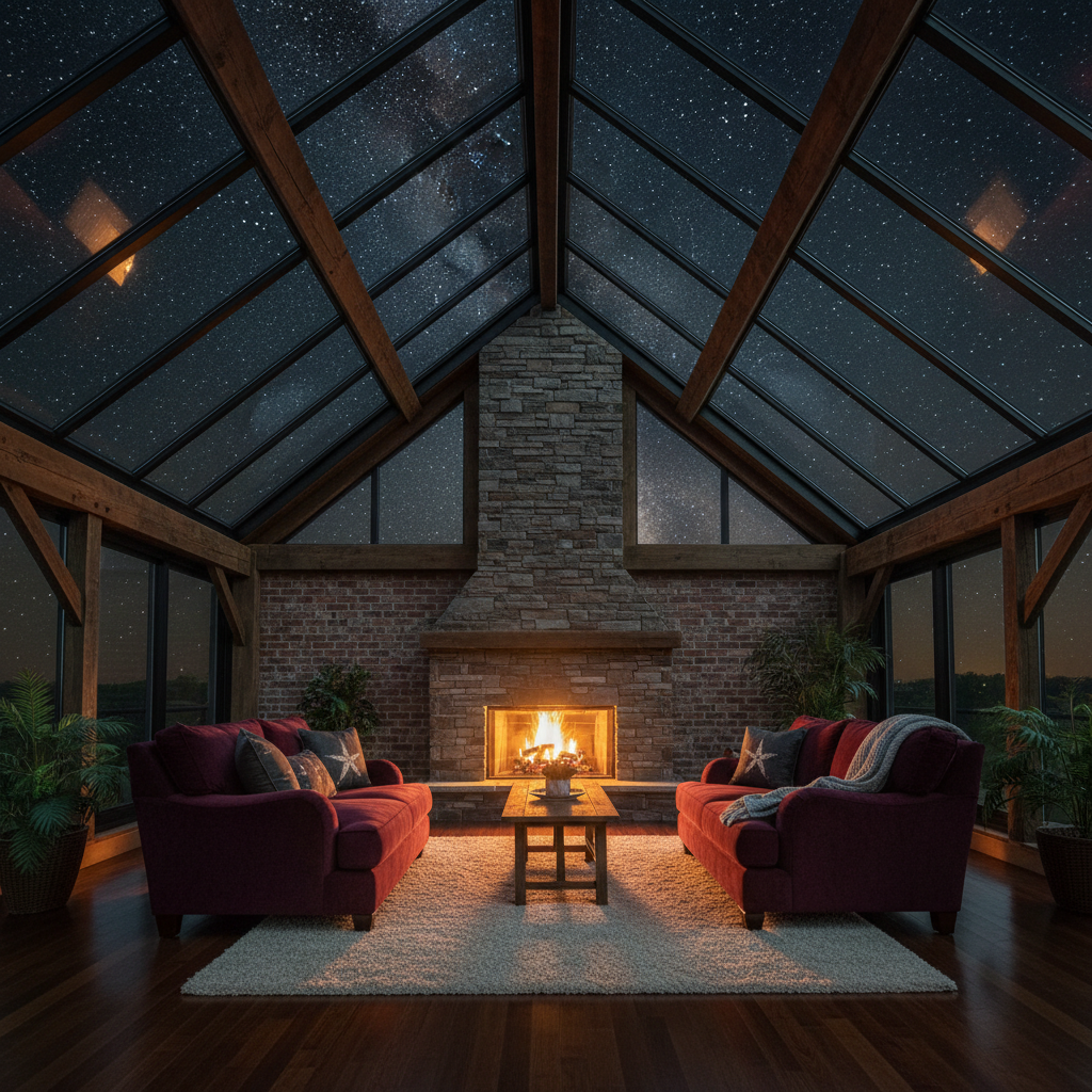 Harvest Loft Suite full view, vaulted timber ceiling, warm Edison lighting, king bed, stone floor, intimate evening atmosphere