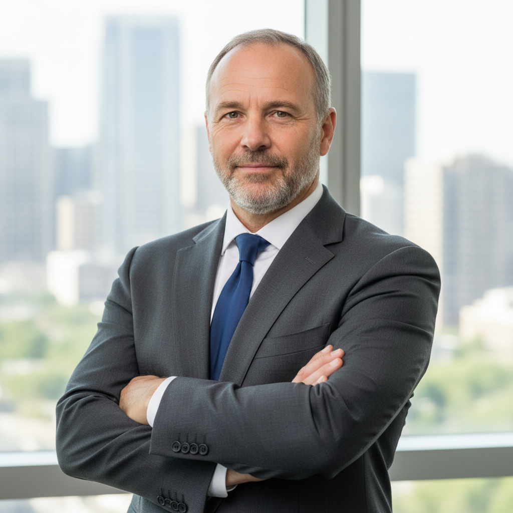 Professional man in dark suit, confident smile