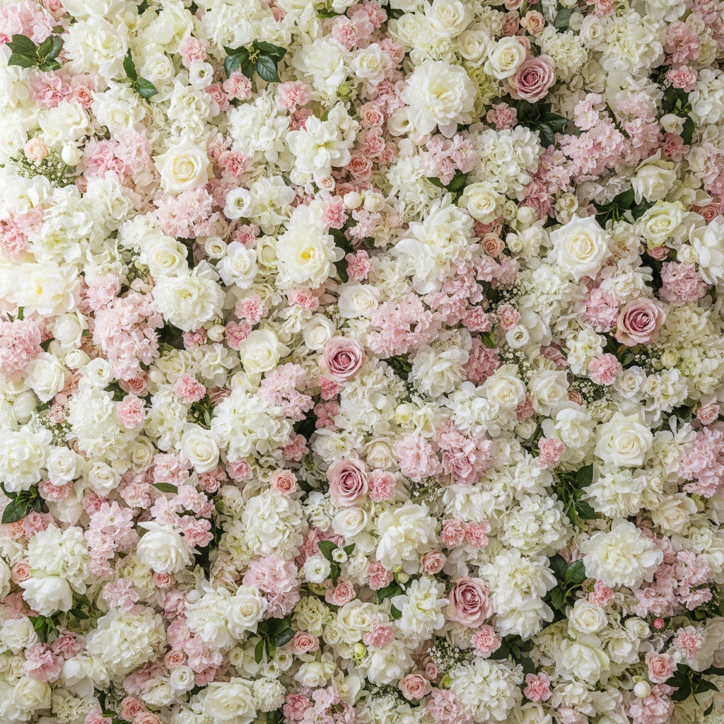 Full floral backdrop wall with white and pink flowers