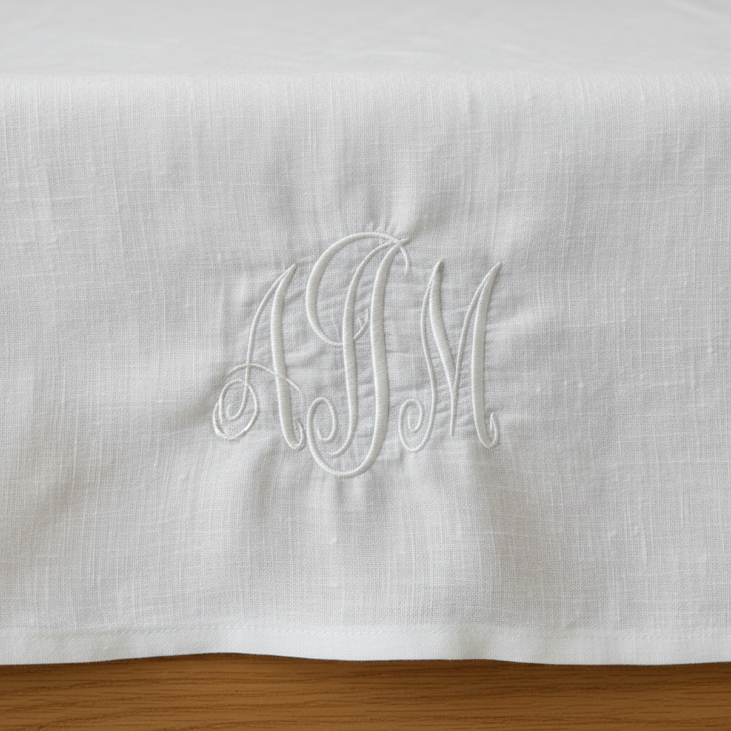 Perfectly pressed white linen tablecloth with embroidered monogram