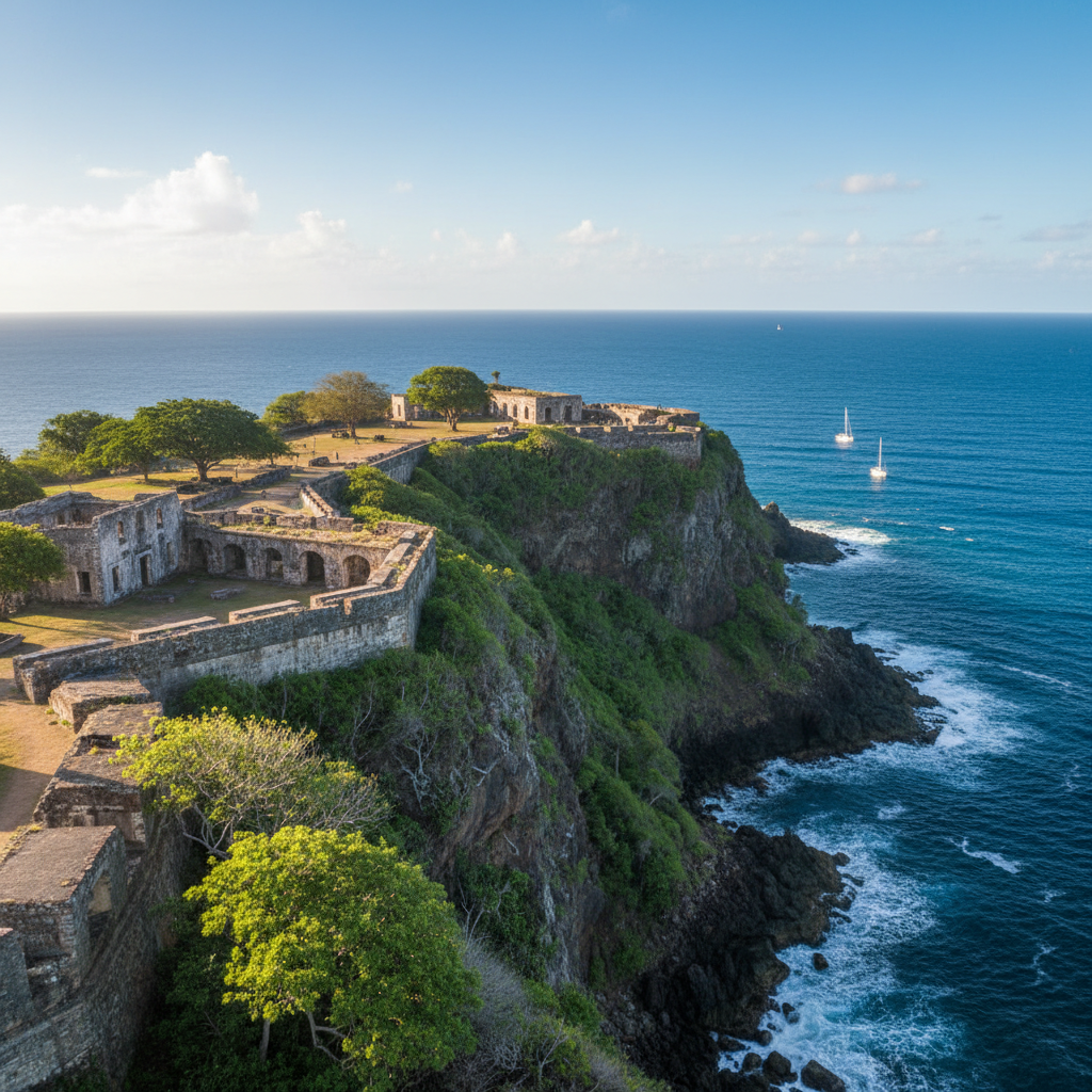 Historic 18th century Fort Shirley ruins on a volcanic headland overlooking the Caribbean Sea