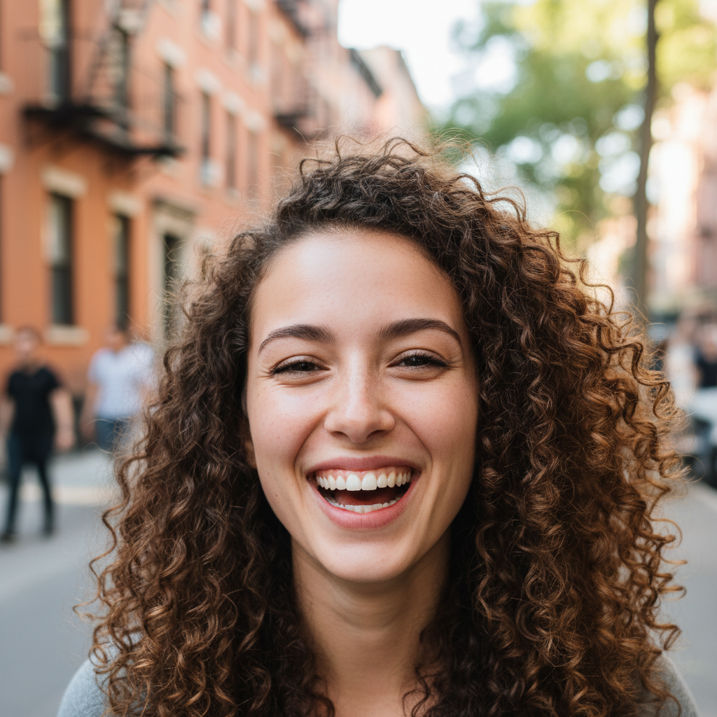 Portrait of Jordan Whitfield, a smiling young woman with curly hair in Brooklyn
