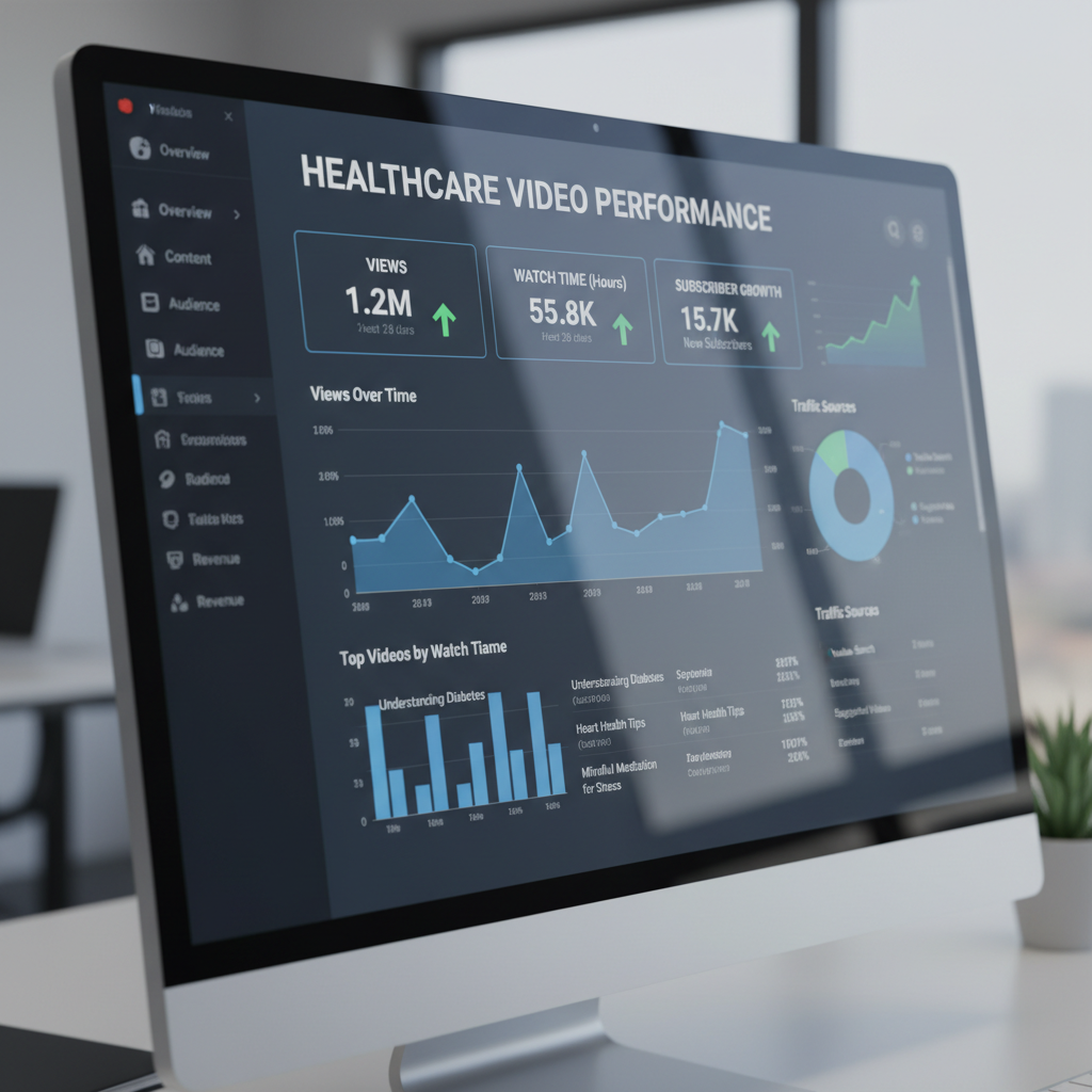 YouTube analytics dashboard showing healthcare video performance metrics including views, watch time, and subscriber growth