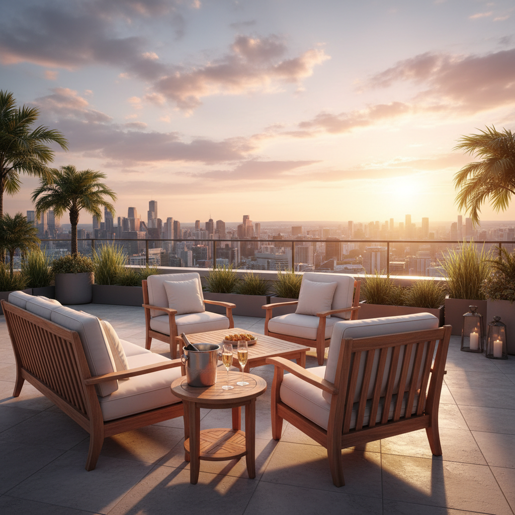 Penthouse rooftop terrace with infinity pool, panoramic Dubai skyline, evening golden hour, premium luxury