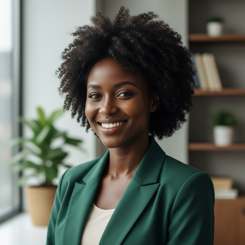 Young Ugandan woman in professional attire smiling in modern office