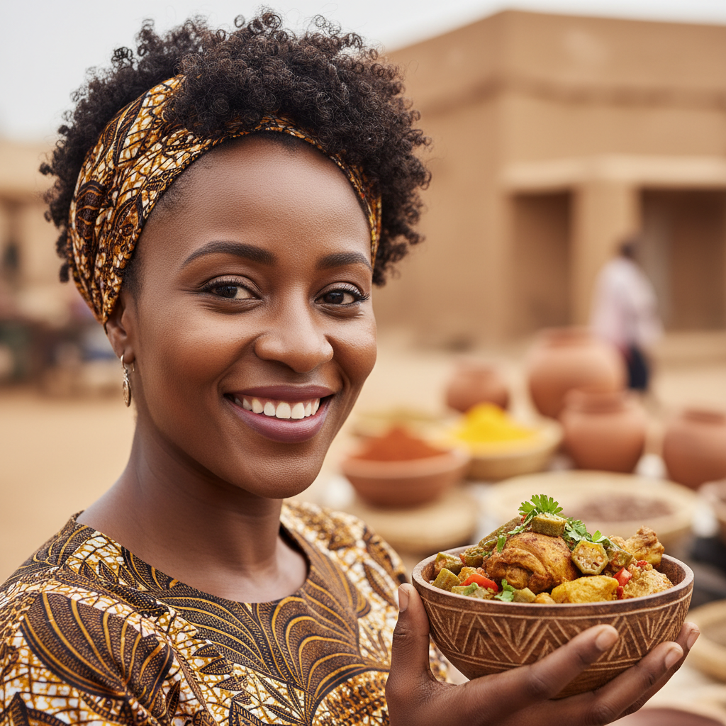 African woman in traditional attire standing in open landscape, warm natural light, savanna background