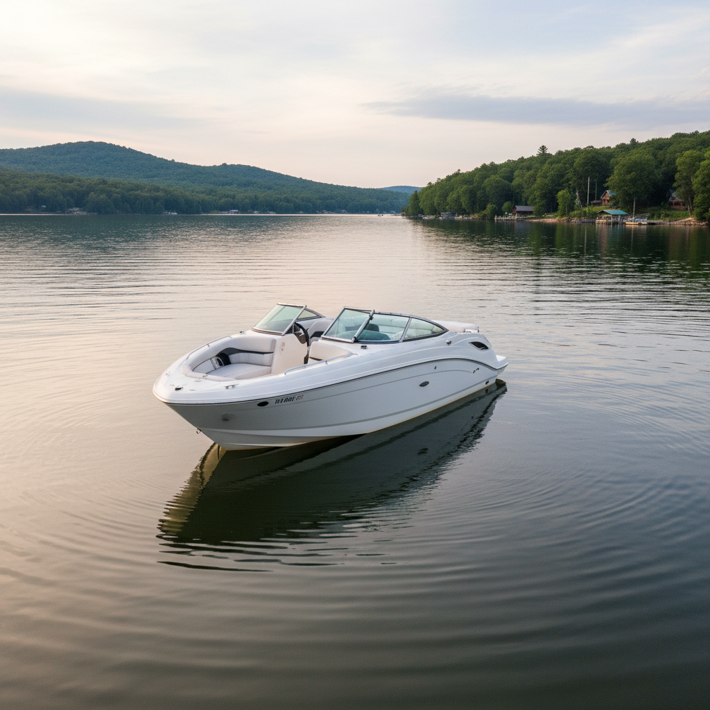 Sea Ray 270 Sundeck sold, white bowrider style boat on calm lake water