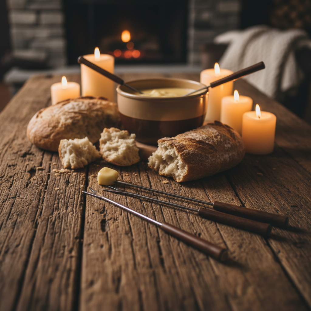 Rustic wooden table in a candlelit Swiss alpine chalet with bread and fondue forks